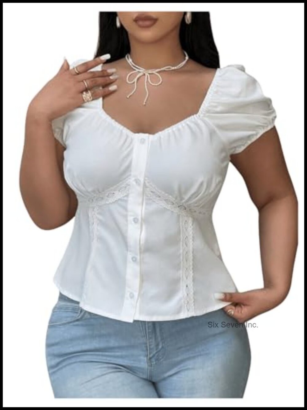 Plus Size Puff Sleeve Button Down Lace Blouse Sweetheart Neck Peplum Top